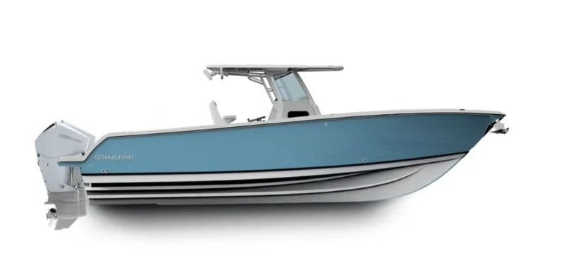 Blue-hulled center console boat in profile Blue-hulled center console boat in profile