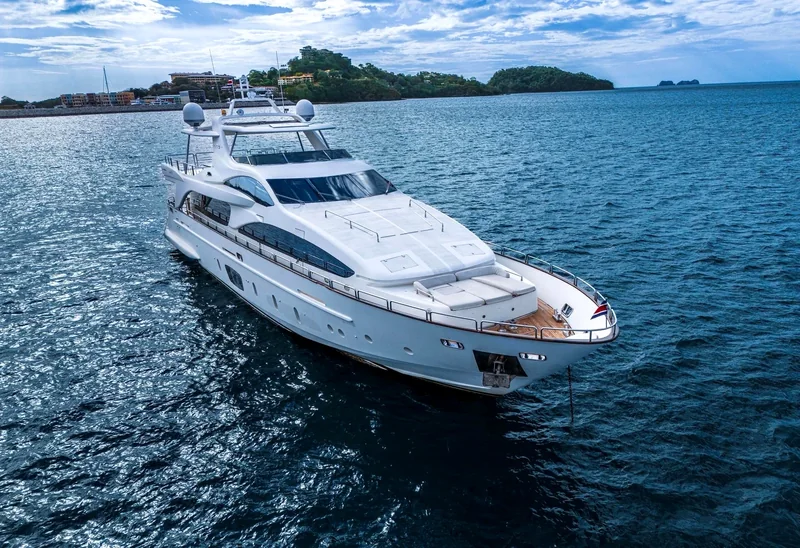 Motor yacht near a green coastline Motor yacht near a green coastline