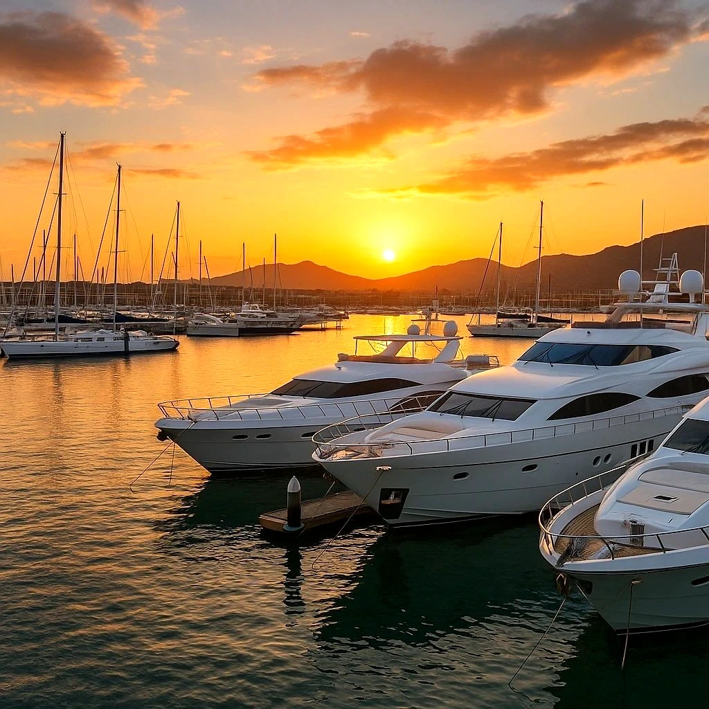 Yates amarrados en una marina al atardecer