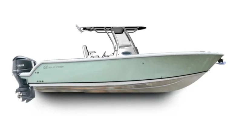 Seafoam-green center console boat in profile Seafoam-green center console boat in profile
