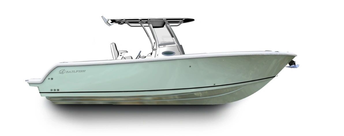 Seafoam-green center console boat in profile