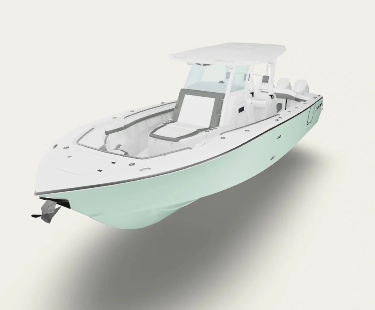 Render de embarcación de consola central color verde espuma de mar