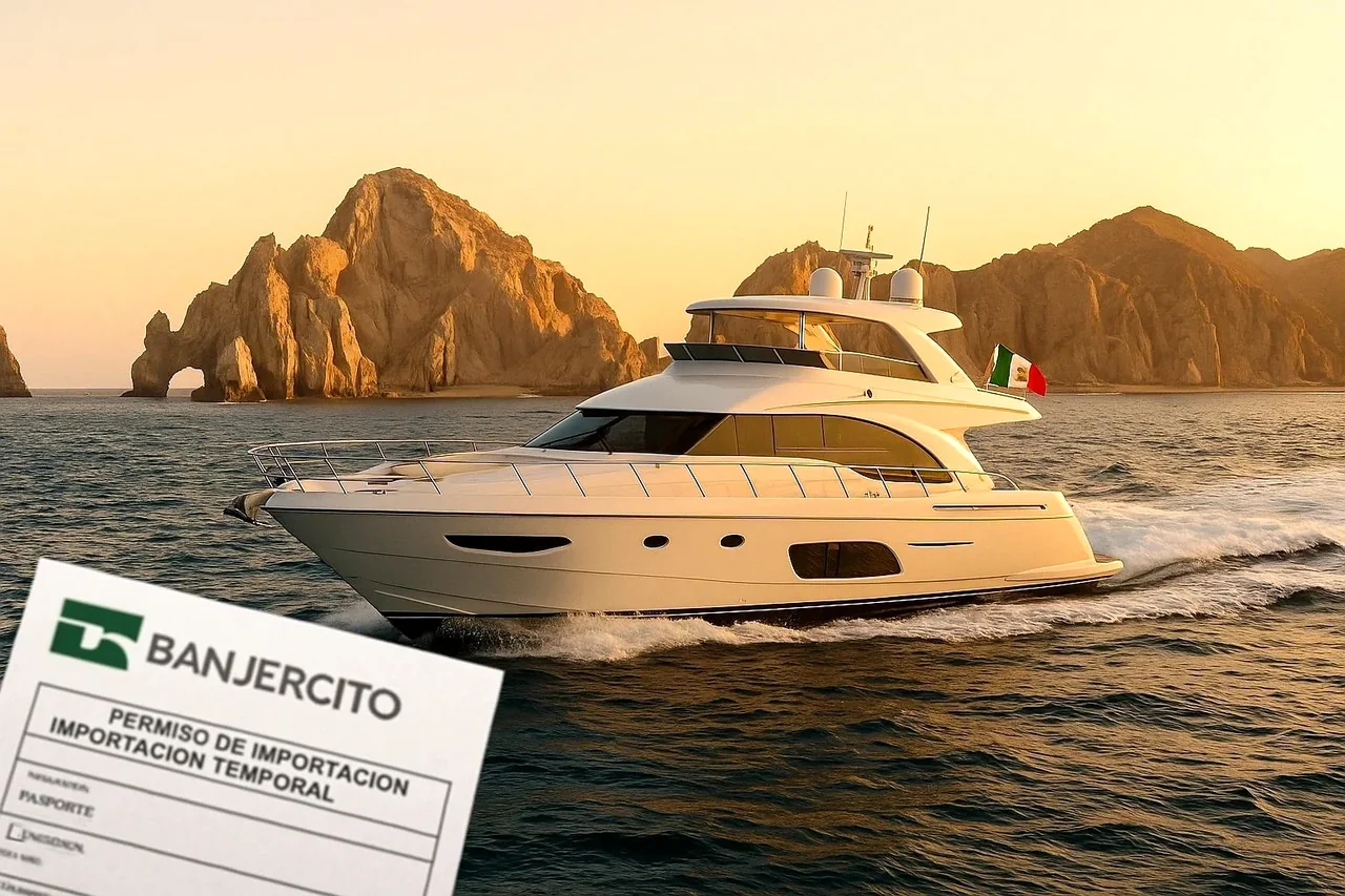 Yate a motor al atardecer con documentos de registro de embarcación