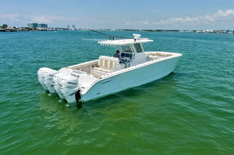 Aerial view of a center console cruising Aerial view of a center console cruising