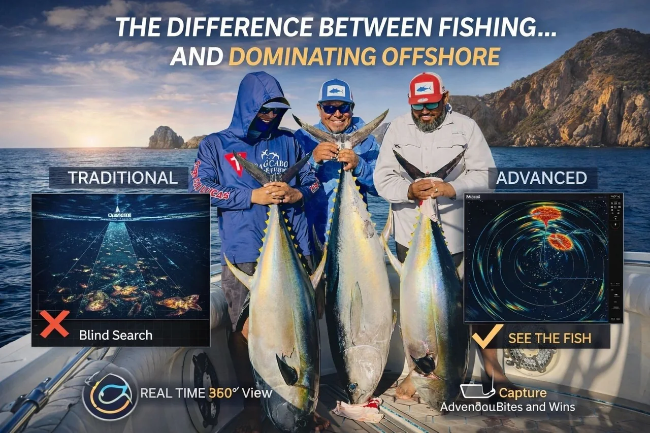 Pescadores sosteniendo atunes con información sobre pesca en alta mar