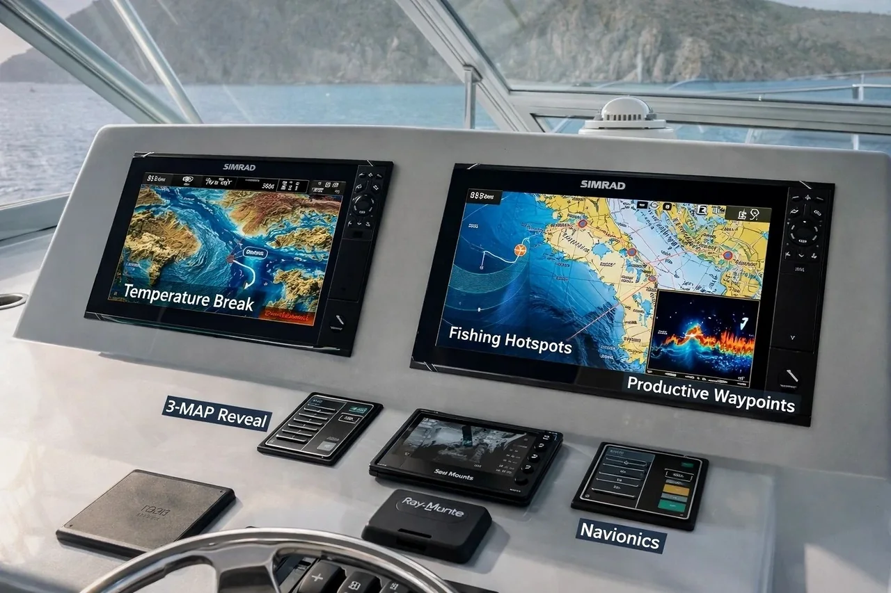 Puesto de mando de barco con dos pantallas de navegación Simrad