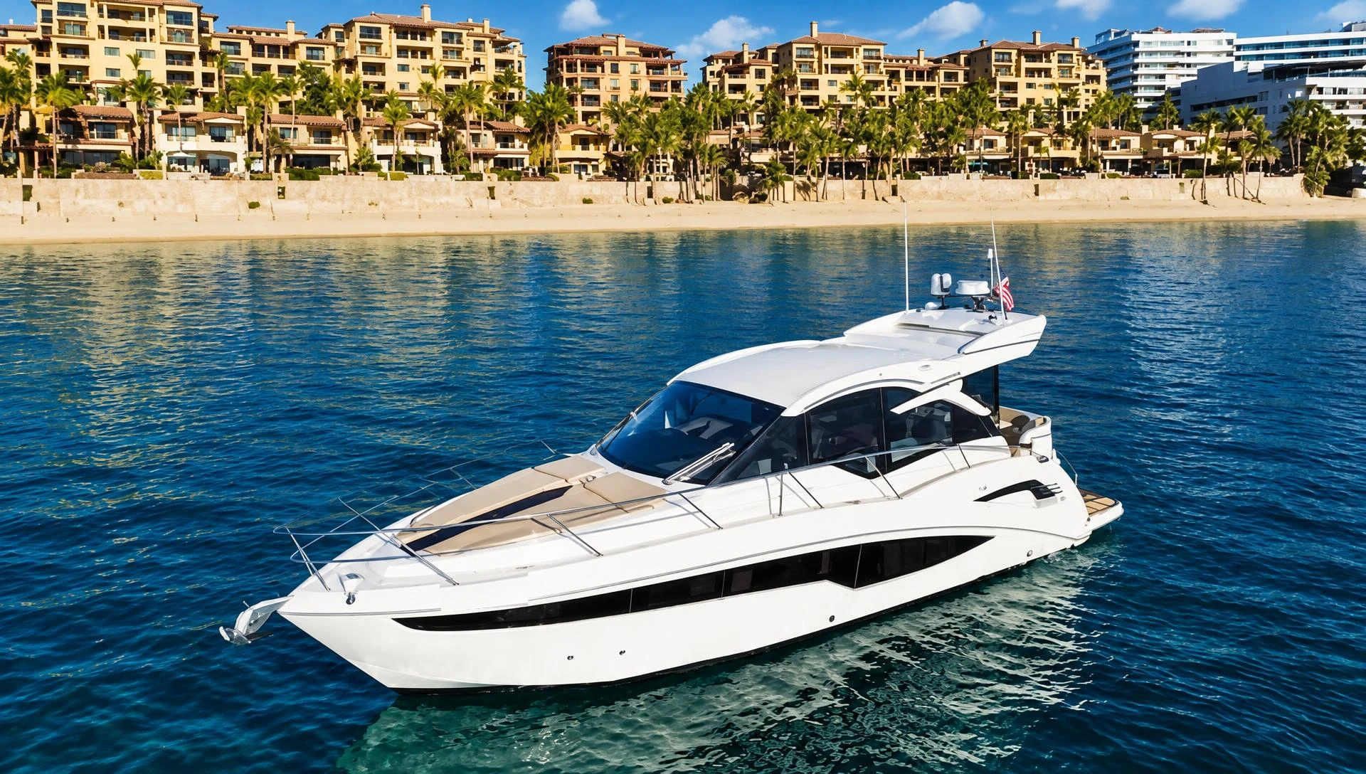 Motor yacht off Cabo San Lucas beachfront