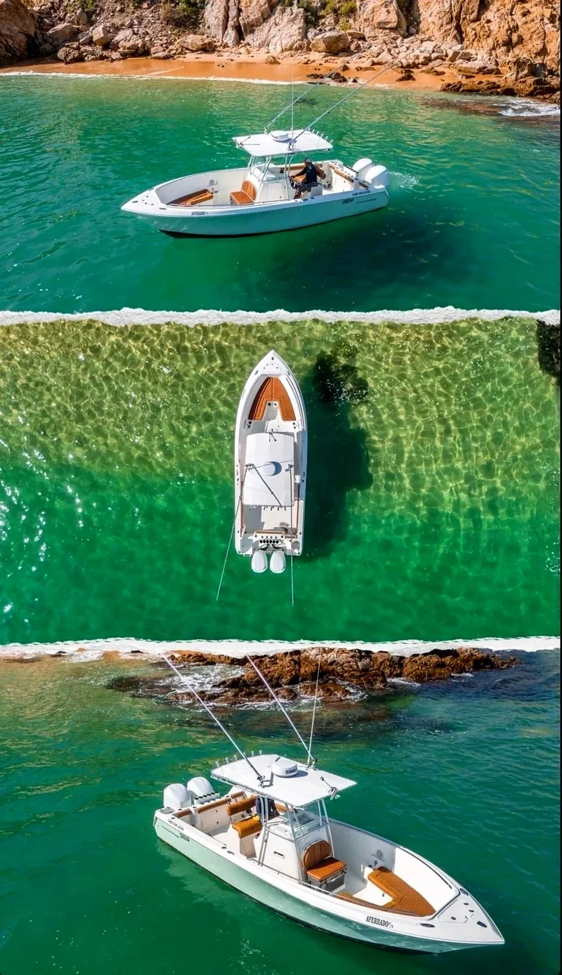 Collage of a motor yacht from above Collage of a motor yacht from above