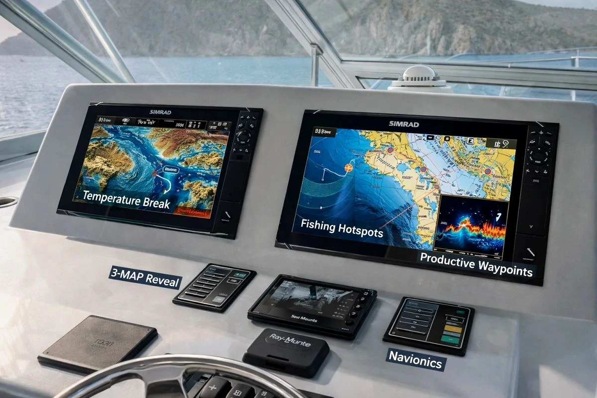 Boat helm with dual Simrad navigation screens