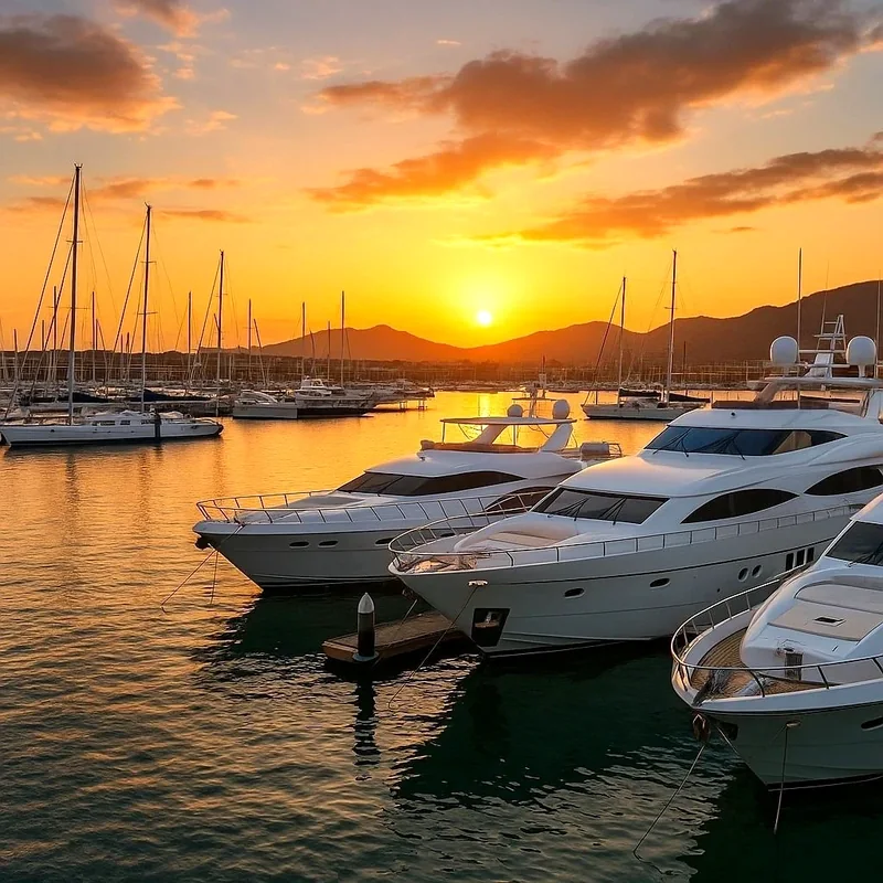 Yachts moored at a marina at sunset Yachts moored at a marina at sunset
